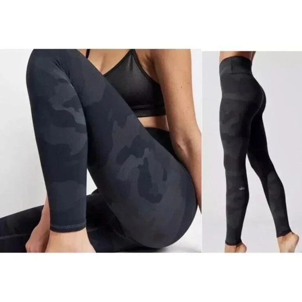 Alo Yoga High Waist Camp Vapor Leggings Black Green Camouflage Athletic Pants XS